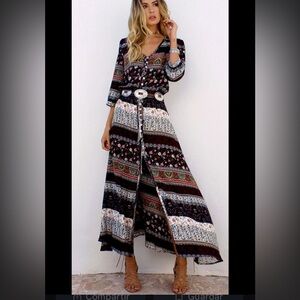 Bohemian Floral Maxi Dress - Black and Multicolor
